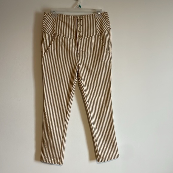 Free People Frankie Stripe Pants 8 White Tan Button Fly Stretch Business Casual - Picture 1 of 14